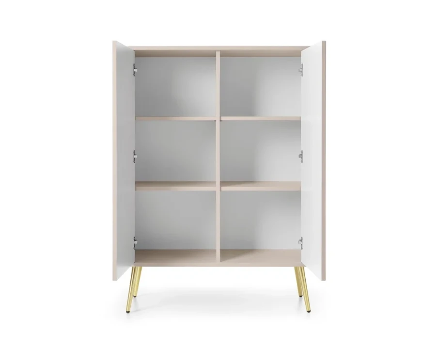 Offener weißer Schrank mit sechs Fächern und eleganten goldenen Beinen.