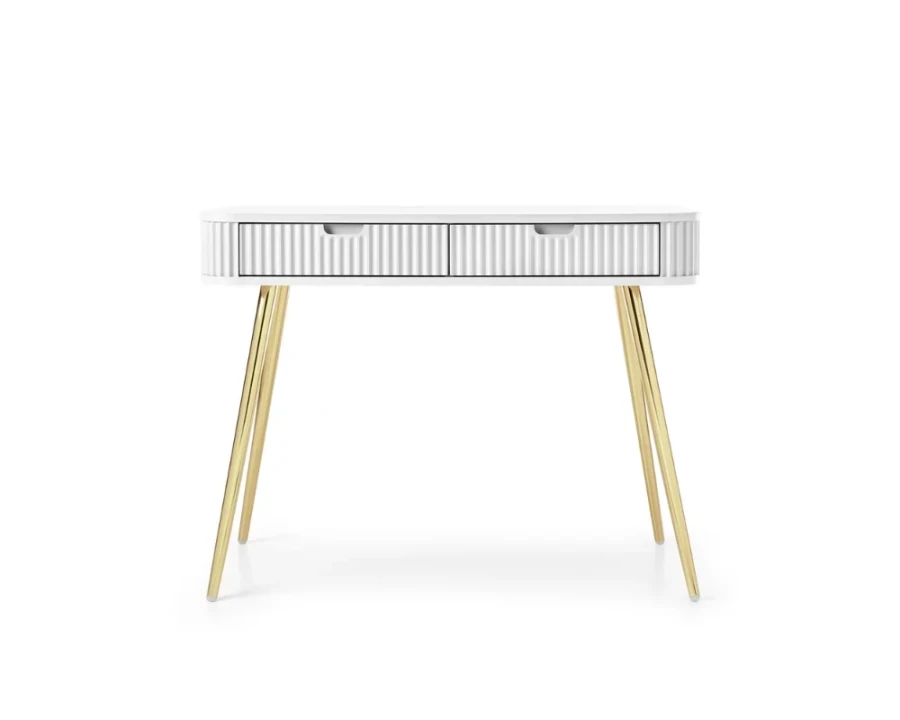 White console table with gold-coloured legs and a fluted front, elegant furniture design.