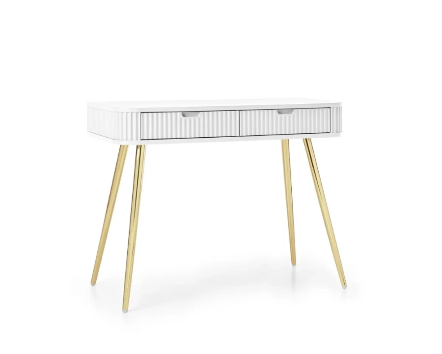 Moderner weißer Konsolentisch mit goldenen Metallbeinen und geschlossenen Lamellen-Schubladen.