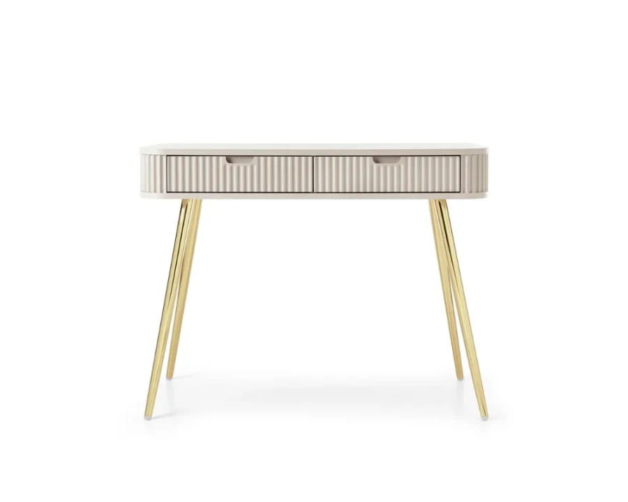 Moderner Konsolentisch in Beige mit gerippter Front und schlanken goldenen Metallbeinen.