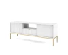 Perspektivische Ansicht eines weißen TV-Lowboards mit eleganter Riffel-Optik und goldenen Beinen.