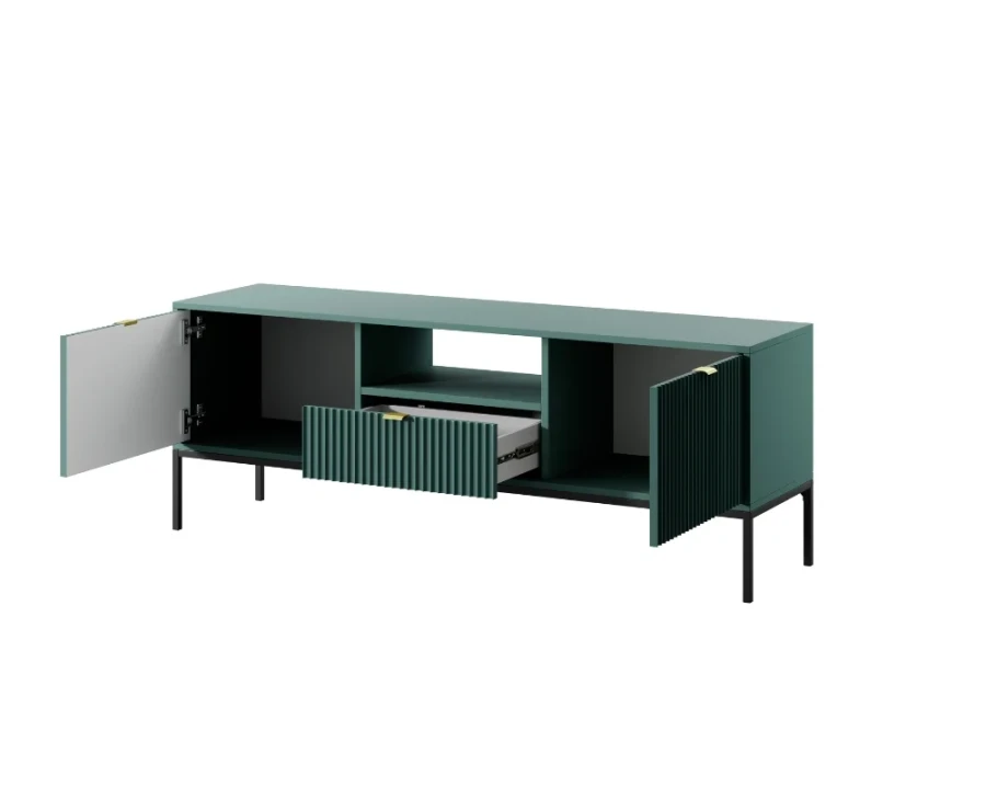 Dunkelgrünes TV-Board mit geöffneten Türen und Schublade, viel Stauraum, moderne Rillenoptik.