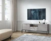 Stilvolles Wohnzimmer-Ambiente mit modernem TV-Board unter einem Wandfernseher und hellem Teppich.