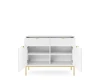 Offenes weißes Sideboard mit Schubladen und Regalfächern, goldene Details.