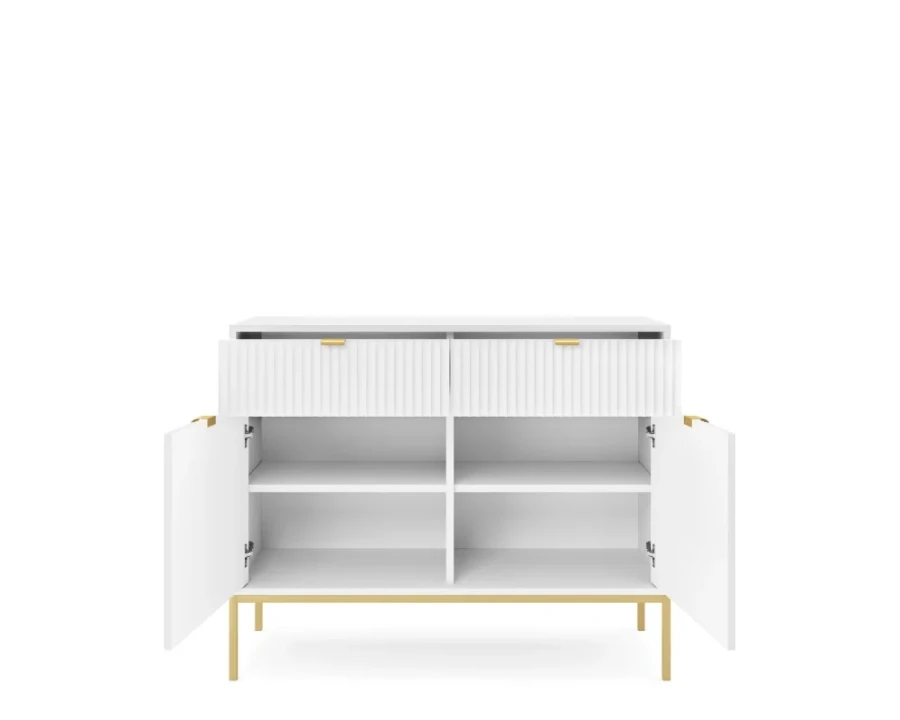 Offenes weißes Sideboard mit Schubladen und Regalfächern, goldene Details.