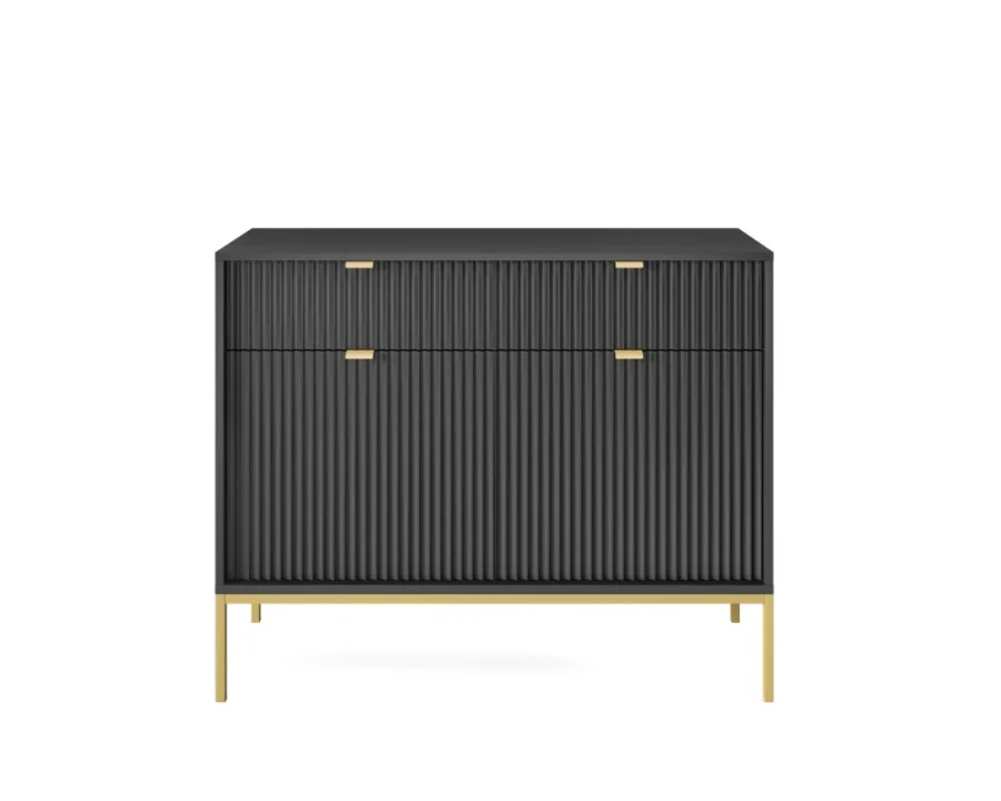 Schwarzes Sideboard mit eleganter Rillenfront und goldenen Metallbeinen