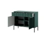 Grünes Sideboard mit geöffneten Türen und Schublade zeigt den Stauraum