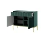 Grünes Sideboard mit offenen Türen und Schubladen zeigt großzügigen Stauraum.