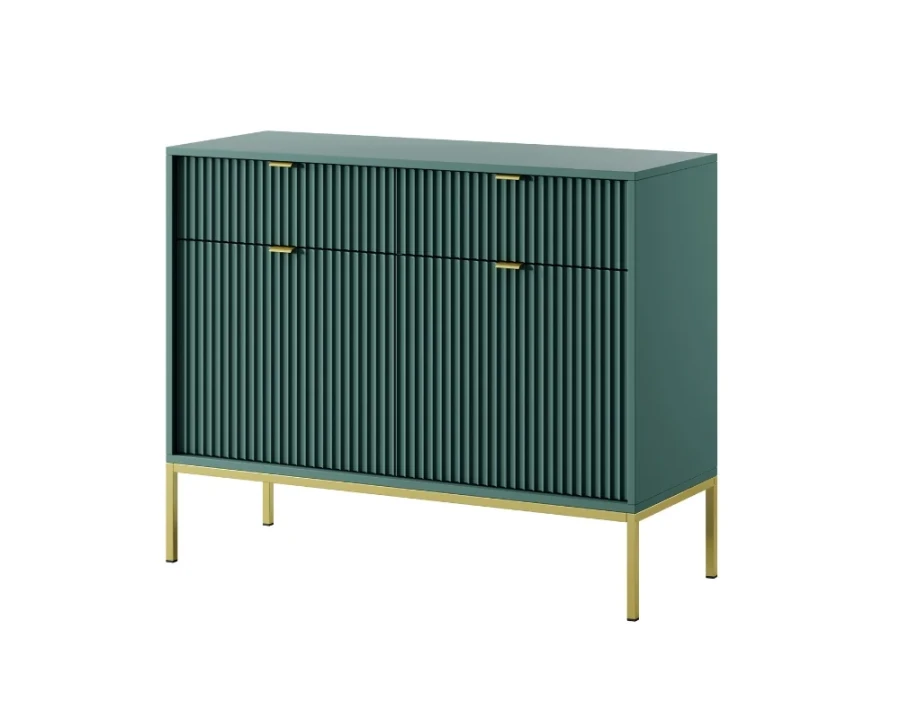 Stilvolles grünes Sideboard mit geriffelter Optik und goldenen Beinen.