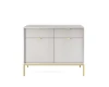 Graue Kommode mit vertikalen Rillen und eleganten goldenen Füßen vor weißem Hintergrund.