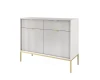 Modernes Sideboard in Grau mit Rillenstruktur und goldenem Metallgestell in der Schrägansicht.