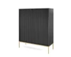 Perspektivische Ansicht eines schwarzen Highboards mit Rillenfront und goldenem Gestell.