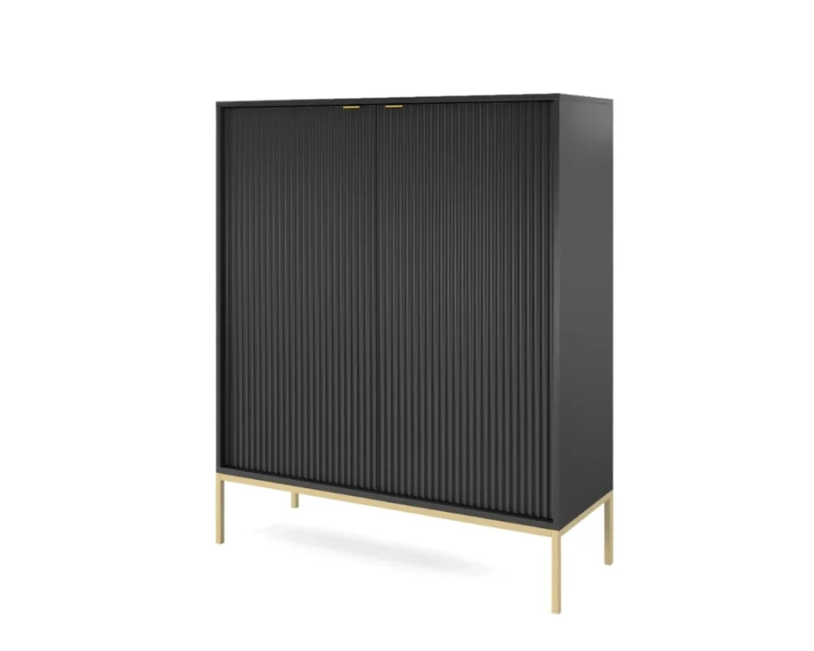 Perspektivische Ansicht eines schwarzen Highboards mit Rillenfront und goldenem Gestell.
