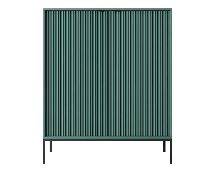 Petrolfarbenes Highboard mit vertikaler Lamellenstruktur und schwarzen Metallbeinen.