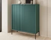 Stilvolles petrolfarbenes Highboard mit Lamellenoptik im modern eingerichteten Wohnzimmer.