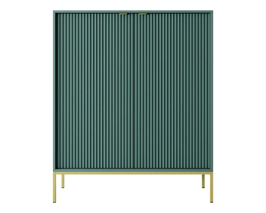 Dunkelgrünes Highboard mit vertikalen Lamellen und eleganten goldenen Metallbeinen in Frontansicht.