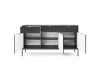 Schwarzes Sideboard mit geöffneten Türen und Schubladen zeigt weißen Innenraum.