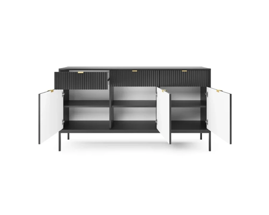 Schwarzes Sideboard mit geöffneten Türen und Schubladen zeigt weißen Innenraum.