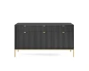 Elegantes schwarzes Sideboard mit Lamellen-Front und feinen goldenen Metallbeinen in Frontansicht.