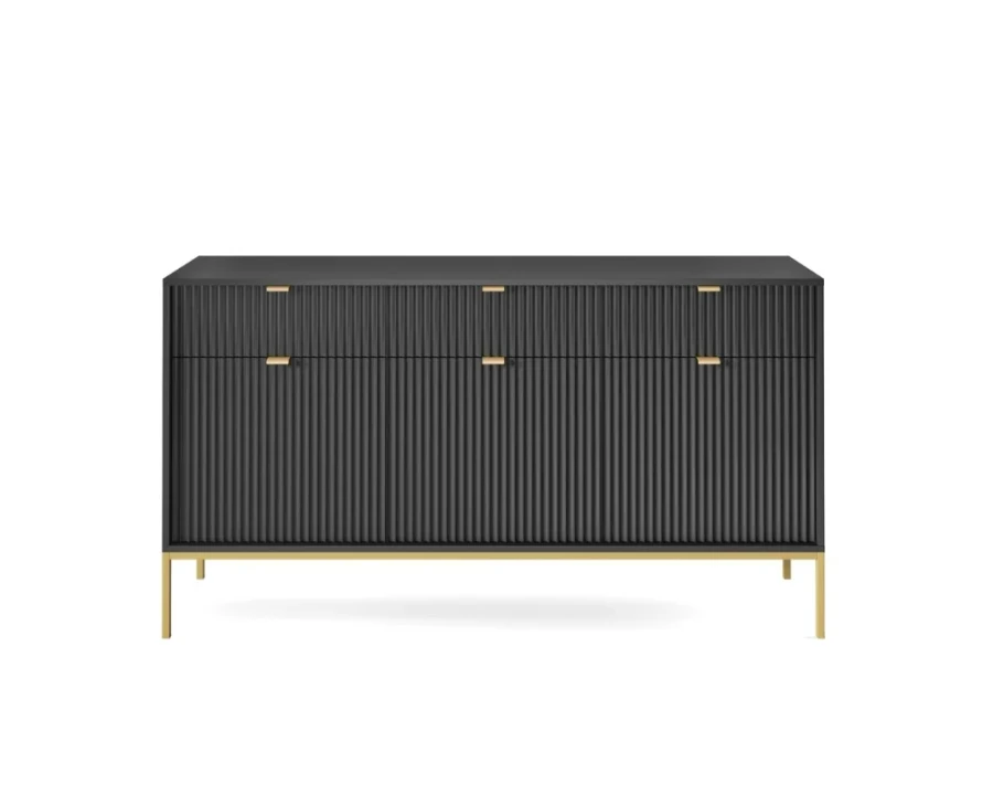 Elegantes schwarzes Sideboard mit Lamellen-Front und feinen goldenen Metallbeinen in Frontansicht.