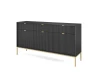 Modernes schwarzes Sideboard mit goldfarbenen Akzenten und strukturierter Front in Seitenansicht.