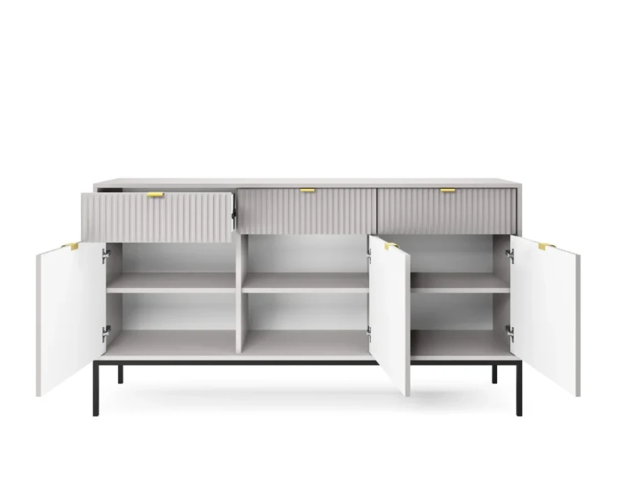 Offenes Sideboard in Hellgrau mit viel Stauraum, einer Schublade und drei Fächern.