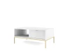 Moderner weißer Couchtisch mit goldenem Metallgestell und geriffelter Front in der Seitenansicht.
