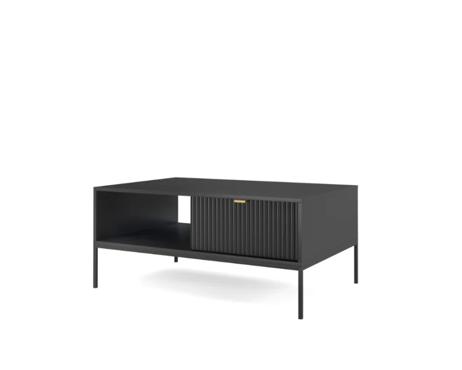 Moderner schwarzer Couchtisch mit Rillendesign und schwarzen Metallbeinen