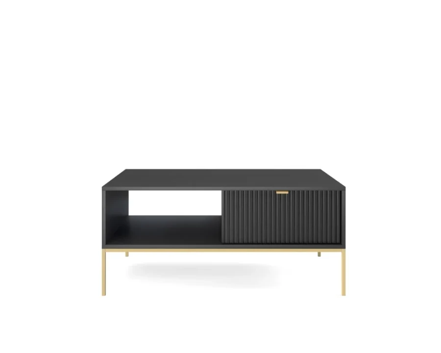 Schwarzer Couchtisch mit goldenen Metallbeinen und Rillenschublade