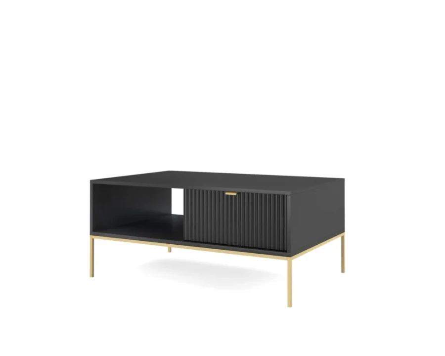 Eleganter schwarzer Couchtisch mit Goldfüßen in der Seitenansicht