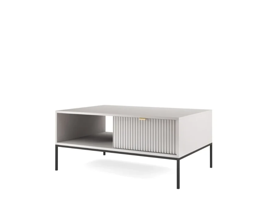 Seitenansicht eines minimalistischen Couchtischs in Grau mit elegantem Design.