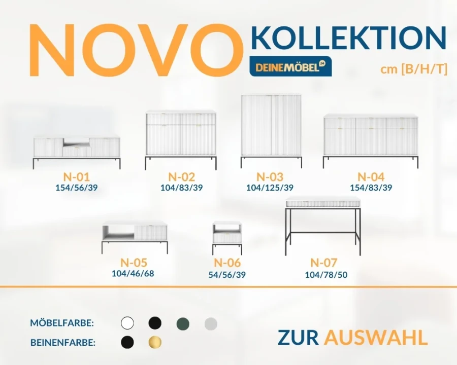 Overview of the Novo furniture collection with dimensions and various colour finishes.