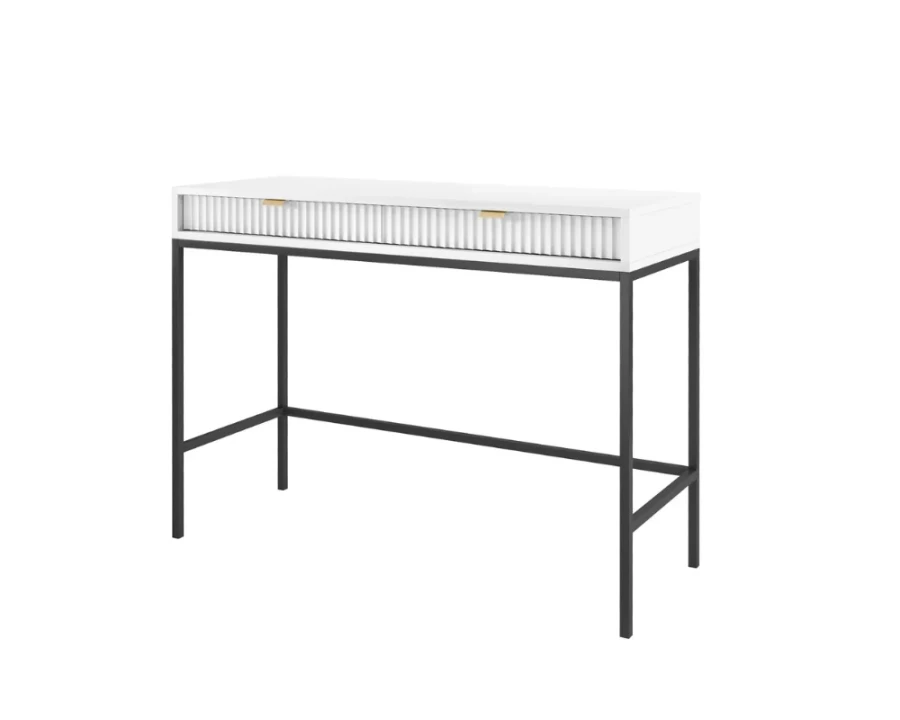Moderner weißer Konsolentisch mit schwarzen Metallbeinen in der Seitenansicht.