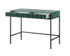 Grüner Konsolentisch mit weit geöffneter Schublade und elegantem schwarzen Metallgestell.