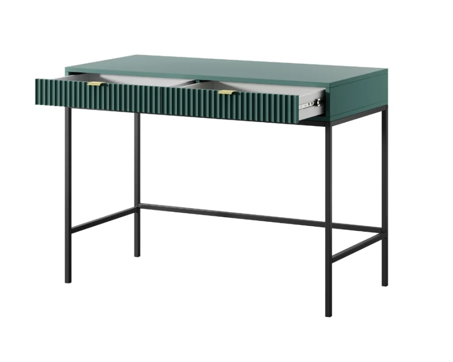 Grüner Konsolentisch mit weit geöffneter Schublade und elegantem schwarzen Metallgestell.