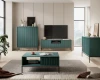 Türkise Wohnzimmermöbel mit schwarzen Füßen, Sideboard und Couchtisch mit Lamellen-Front.