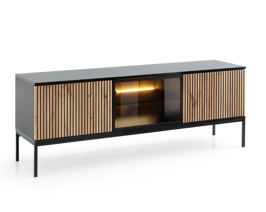 Seitenansicht des Sentio TV-Boards: Edles Design mit Lamellenfront und schwarzen Metallbeinen.