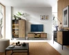 Komplette Wohnzimmer-Möbelserie Sentio im Scandi-Stil mit Holzlamellen und schwarzen Akzenten.