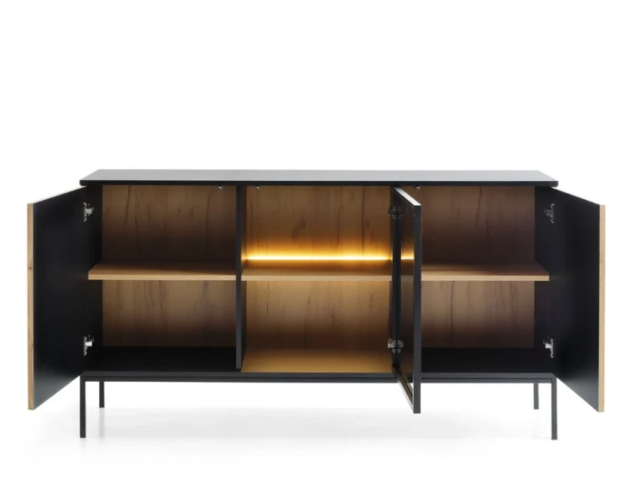 Offenes SENTIO Sideboard mit Innenbeleuchtung und viel Stauraum in Eiche-Optik und Schwarz.