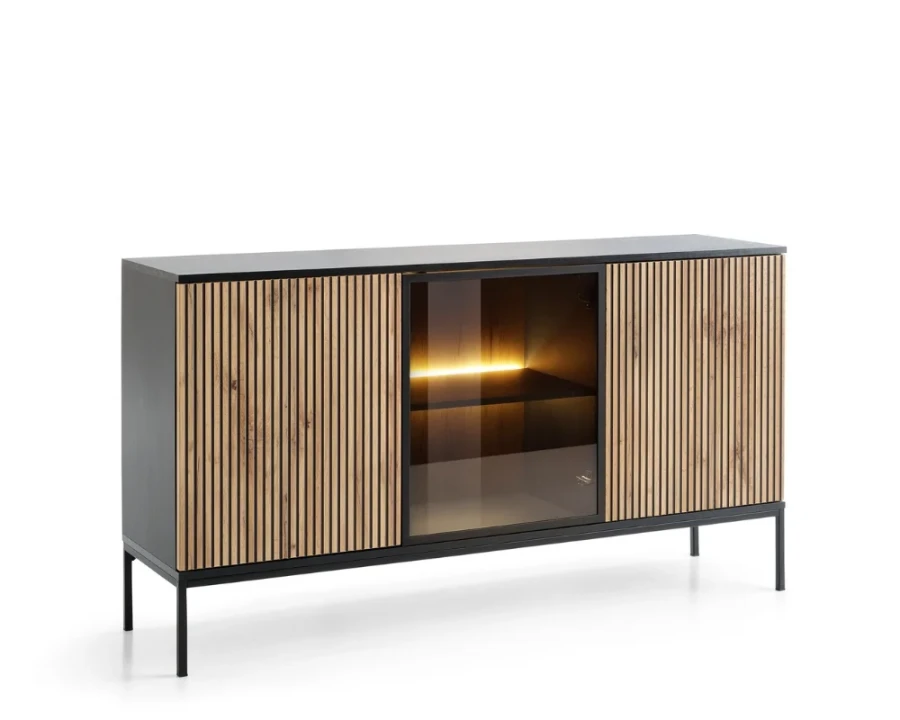 Modernes Sideboard SENTIO mit Lamellen-Front, Glastür und LED-Beleuchtung in Eiche.