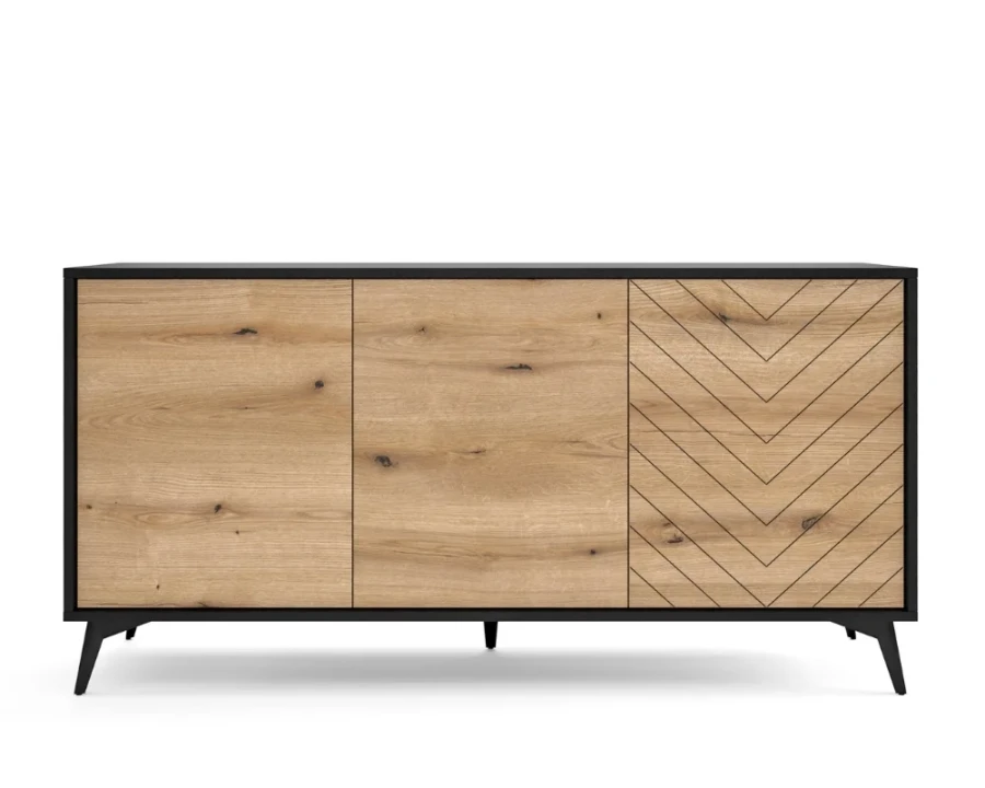 Breites Sideboard Diamant mit 3 Türen in Eiche-Nachbildung und dekorativem Fischgräten-Muster.