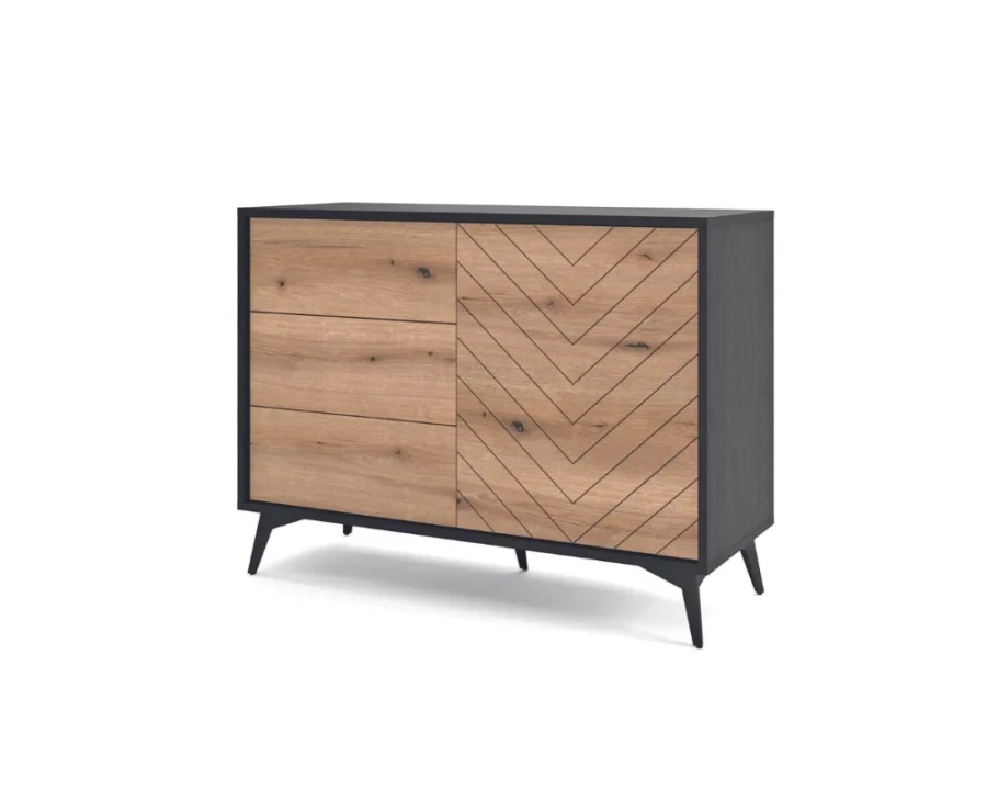 Seitenansicht des Diamant Sideboards mit Eichenfront und schwarzen Akzenten für das Wohnzimmer.