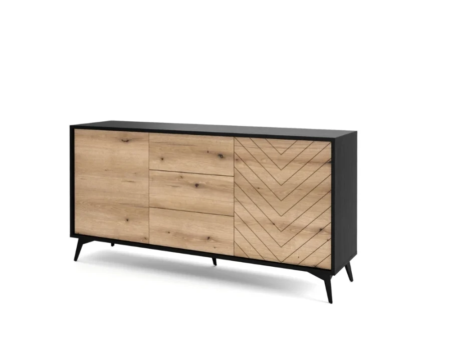 Schrägansicht eines modernen Sideboards in Eiche und Schwarz mit stilvollen schwarzen Metallfüßen.