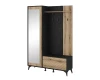 Flurgarderobe mit Spiegel, Kleiderhaken und Schuhbank in Eiche-Optik und Schwarz.