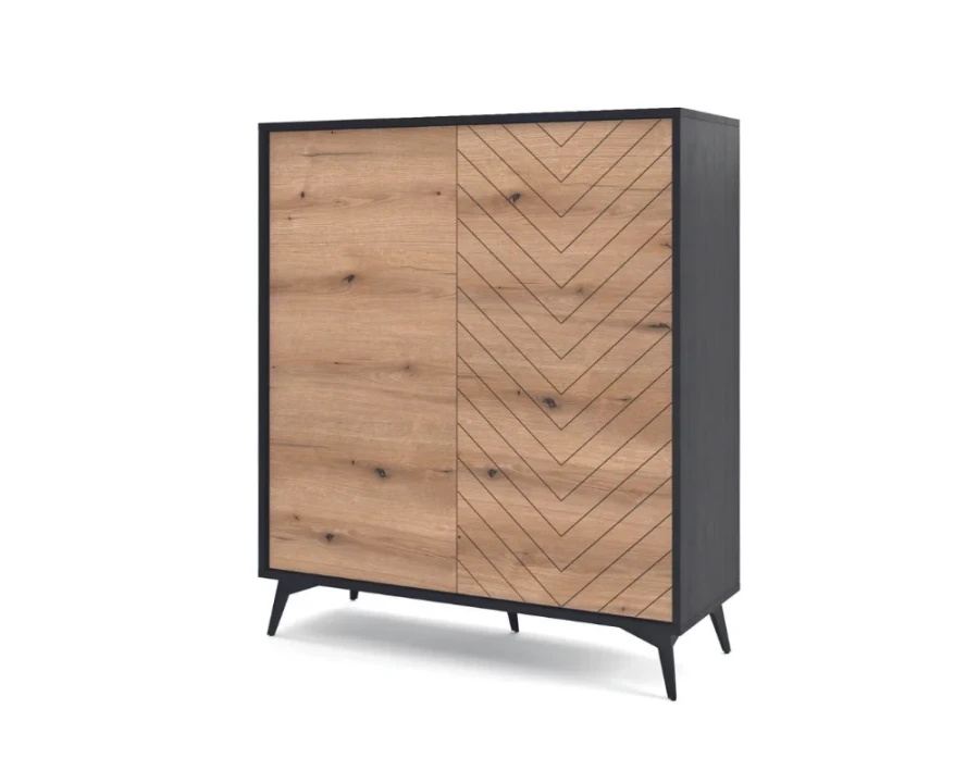 Hoher Schrank aus Holz und Schwarz mit dekorativem Muster, schräge Ansicht