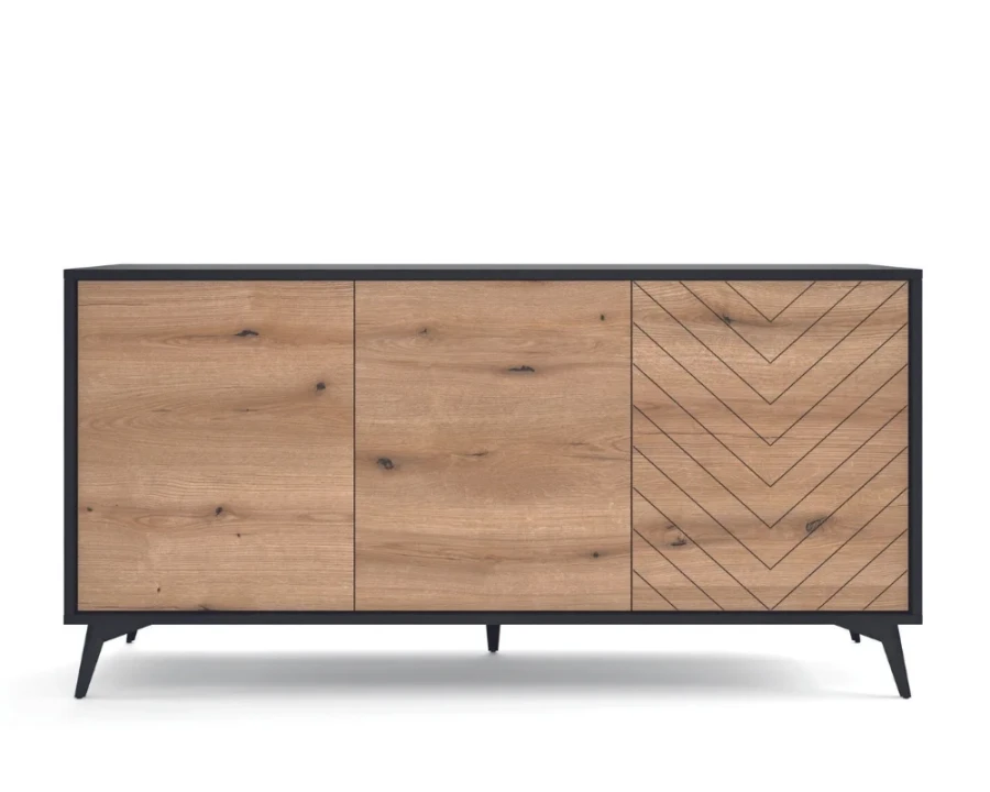 Breites Sideboard in Eiche-Optik mit drei Türen und Fischgrät-Muster