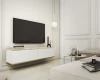 Weißes schwebendes TV-Lowboard mit Goldrand in modernem Wohnzimmer