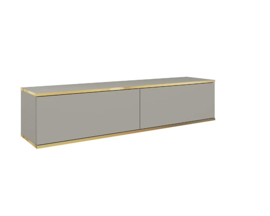 Graues wandmontiertes TV-Lowboard mit Goldkante, minimalistisch