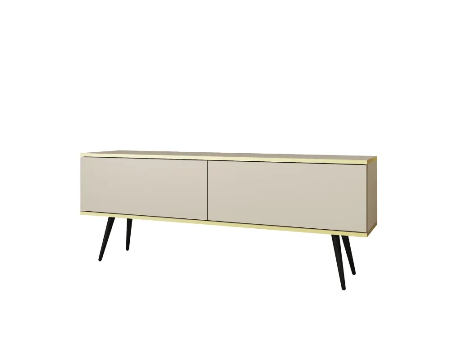 Beige TV-Konsole mit schwarzen Beinen und Golddetails, isoliert auf Weiß.