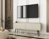 Modernes beiges TV-Board mit Goldrand und schwarzen Füßen im eleganten Wohnzimmer unter einem Fernseher.